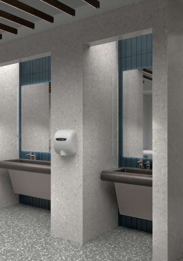 Sensor hand dryer in context, public restroom