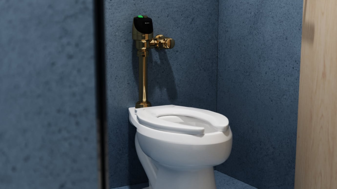 Focused shot of a water closet with a sensor flushomter in polished brass finish